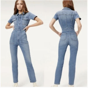 Good American Fit for Success Denim Short Sleeve One Piece Jumpsuit